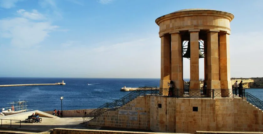 The Siege Bell War Memorial on Valletta's bastions above the Grand Harbour