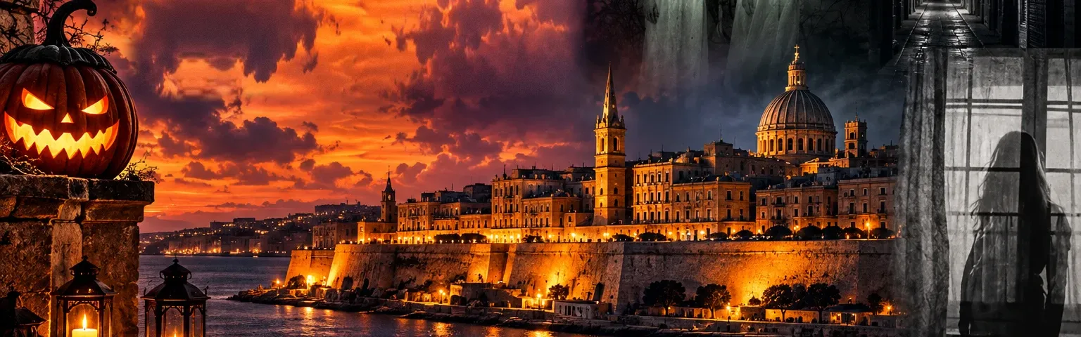 Valletta at night under an orange Halloween sky, with a lit pumpkin and lanterns in the foreground